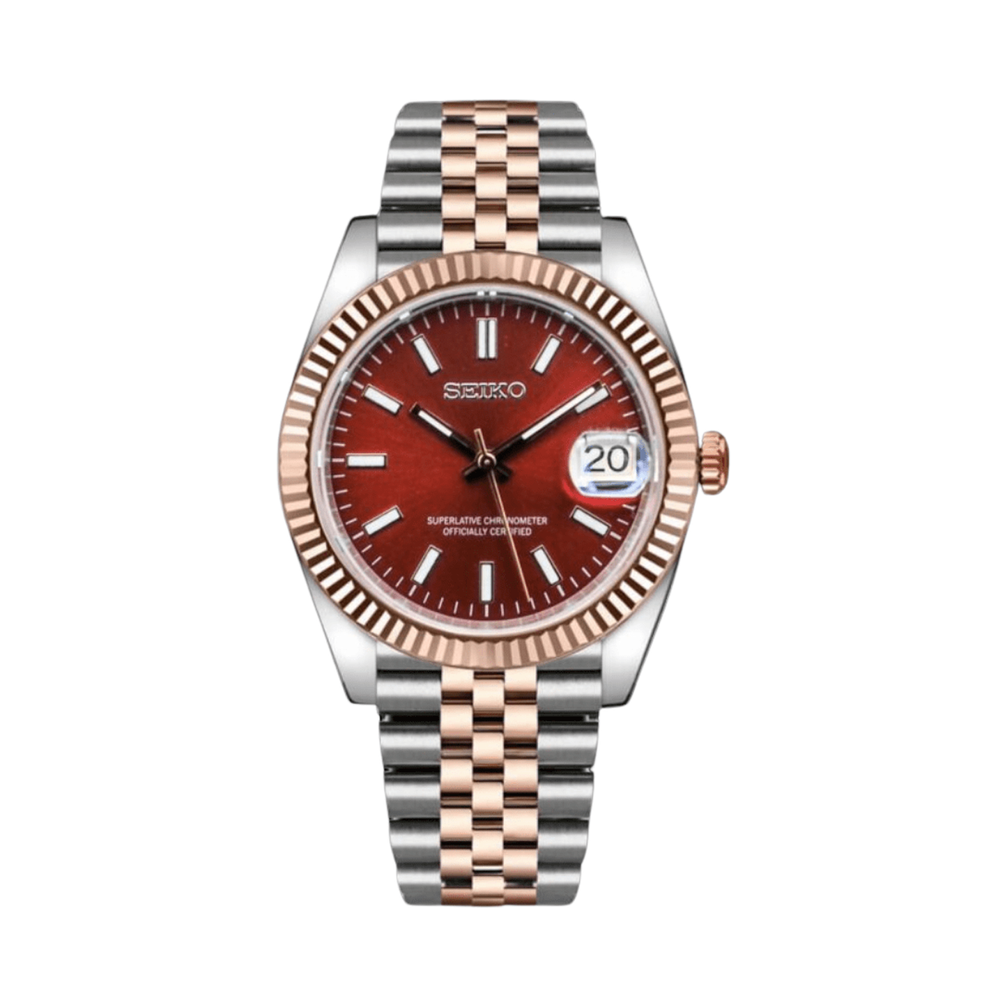 Datejust (Two-Tone Red) Seiko NH35 automatic mod watch. A red dial watch with a fluted bezel and a jubilee bracelet, shown in a full product shot.