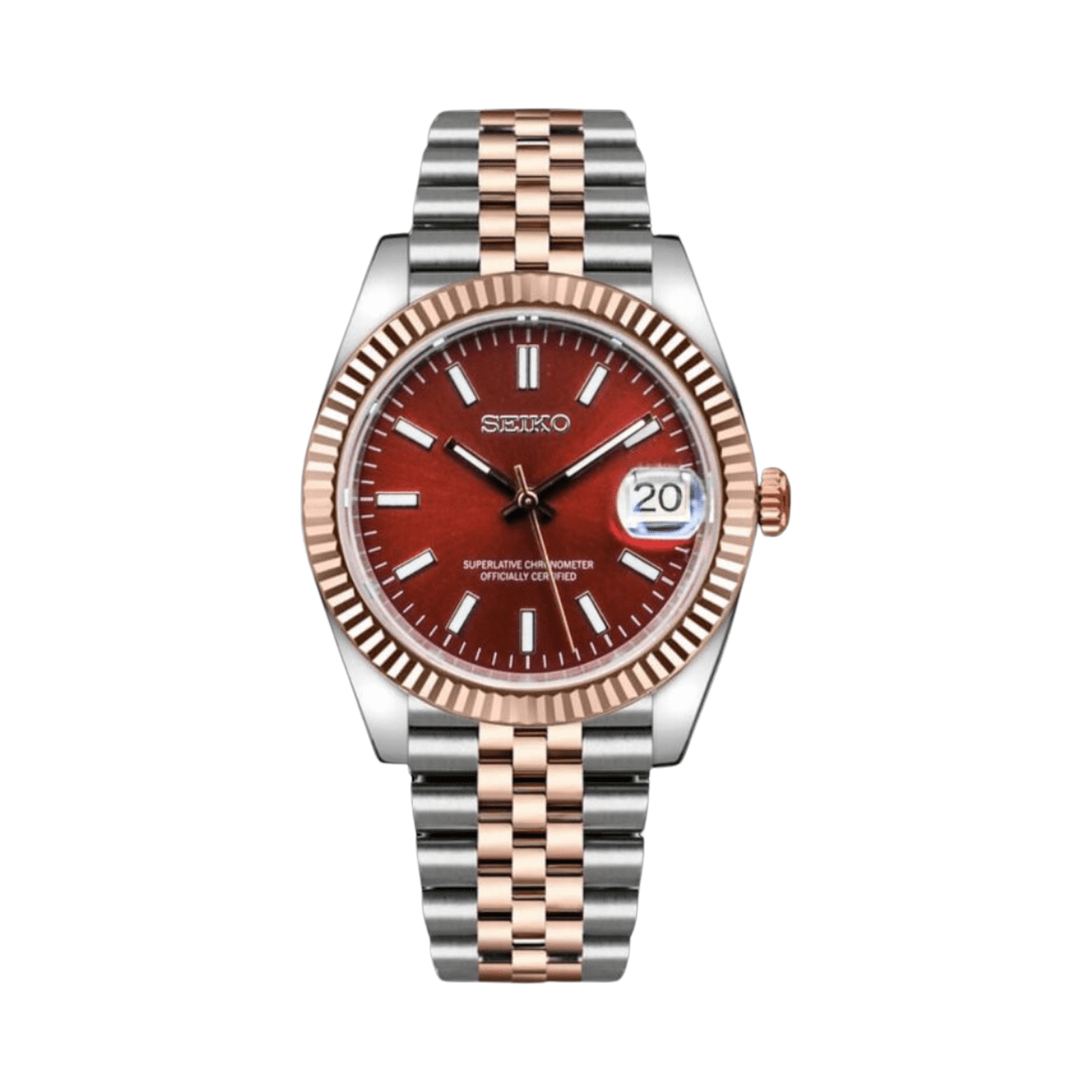 Datejust (Two-Tone Red) Seiko NH35 automatic mod watch. A red dial watch with a fluted bezel and a jubilee bracelet, shown in a full product shot.