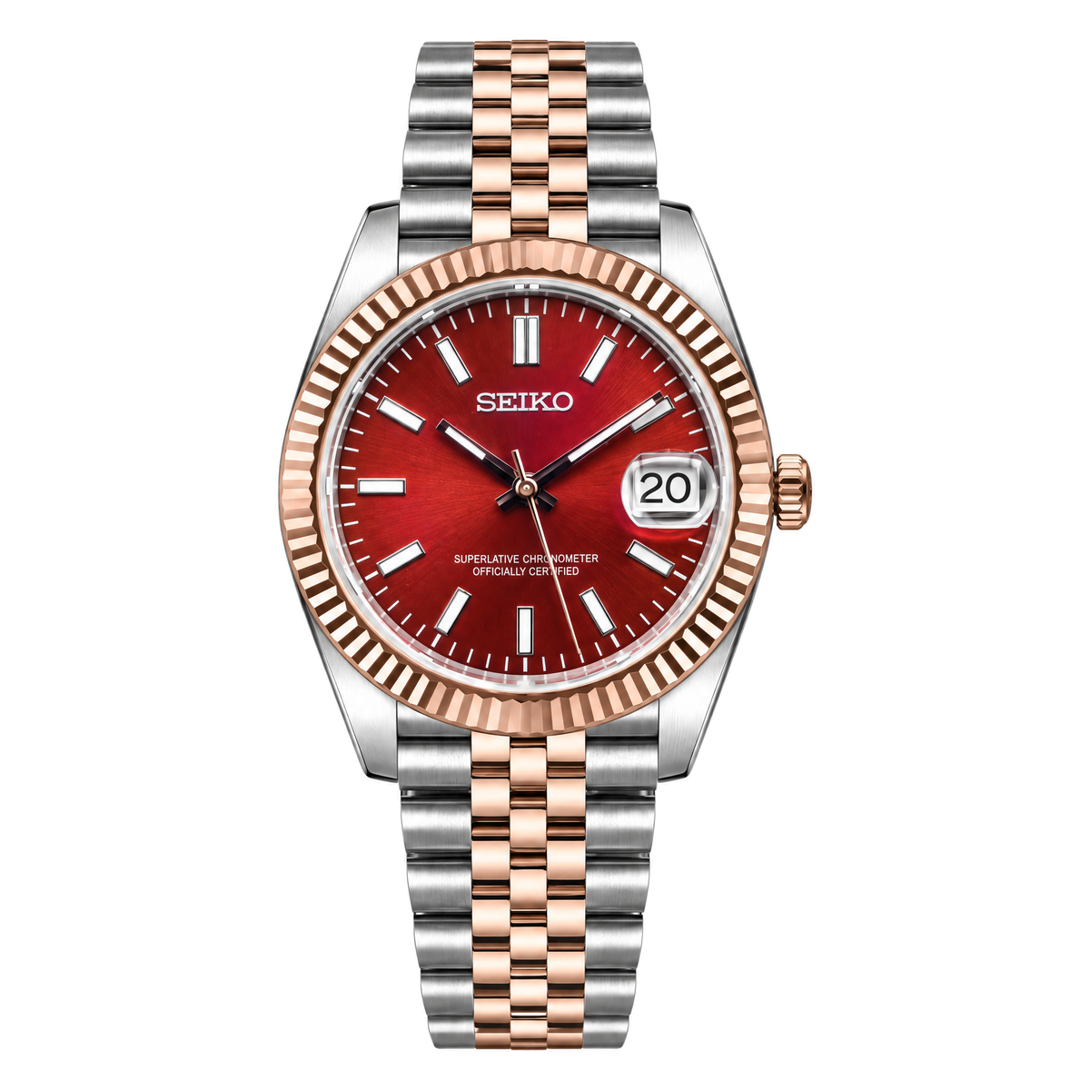 Datejust (Two-Tone Red) Seiko NH35 automatic mod watch. A red dial watch with a fluted bezel and a jubilee bracelet, shown in a full product shot.
