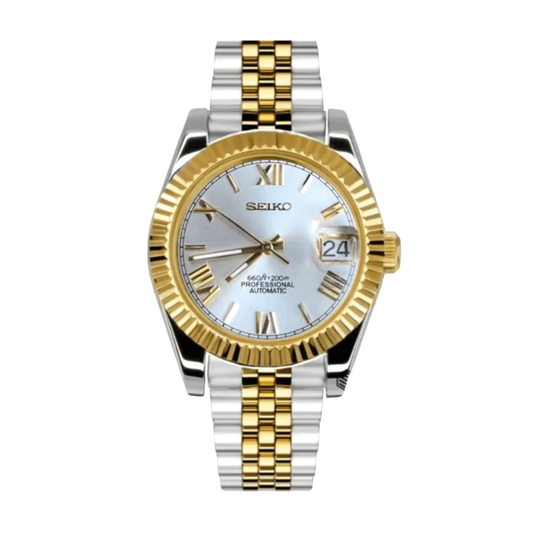 SeikJust (Two-Tone White Roman) Japanese automatic mod watch. A full watch shot showing a silver dial with gold Roman numerals, a gold fluted bezel and a two-tone gold and steel jubilee bracelet.