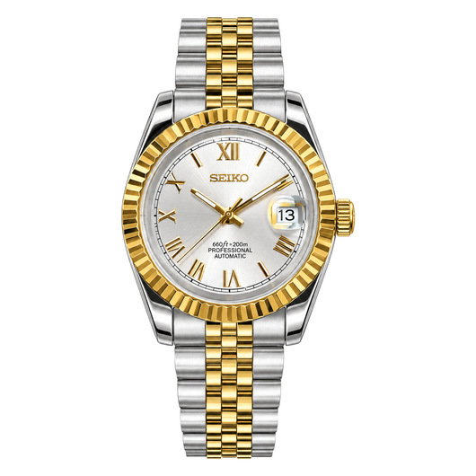 Datejust (Two-Tone White Roman) Japanese automatic mod watch. A full watch shot showing a silver dial with gold Roman numerals, a gold fluted bezel and a two-tone gold and steel jubilee bracelet.
