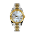 Datejust (Two-Tone White Roman) Japanese automatic mod watch. A full watch shot showing a silver dial with gold Roman numerals, a gold fluted bezel and a two-tone gold and steel jubilee bracelet.