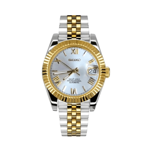 Datejust (Two-Tone White Roman) Japanese automatic mod watch. A full watch shot showing a silver dial with gold Roman numerals, a gold fluted bezel and a two-tone gold and steel jubilee bracelet.