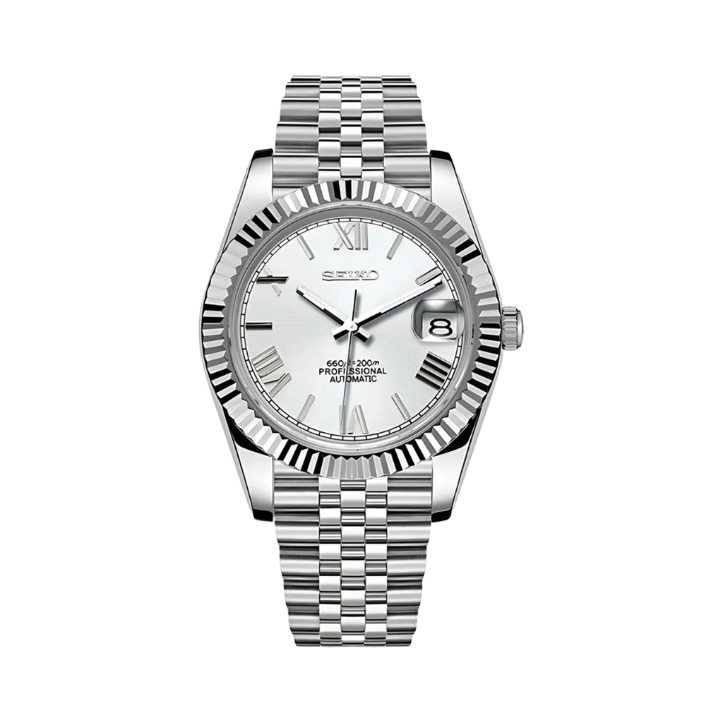 Datejust (White Roman) Seiko NH35 automatic mod watch. A silver dial watch with a fluted bezel and a metal link bracelet shown in a full product shot.