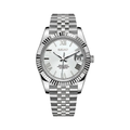 Datejust (White Roman) Seiko NH35 automatic mod watch. A silver dial watch with a fluted bezel and a metal link bracelet shown in a full product shot.