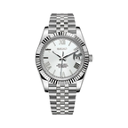 Datejust (White Roman) Seiko NH35 automatic mod watch. A silver dial watch with a fluted bezel and a metal link bracelet shown in a full product shot.