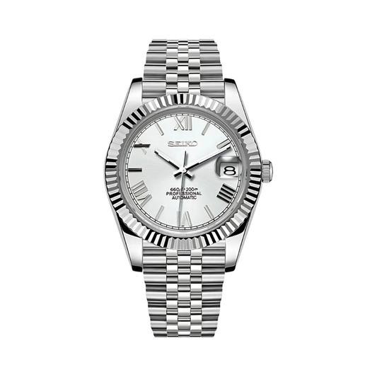 Datejust (White Roman) Seiko NH35 automatic mod watch. A silver dial watch with a fluted bezel and a metal link bracelet shown in a full product shot.