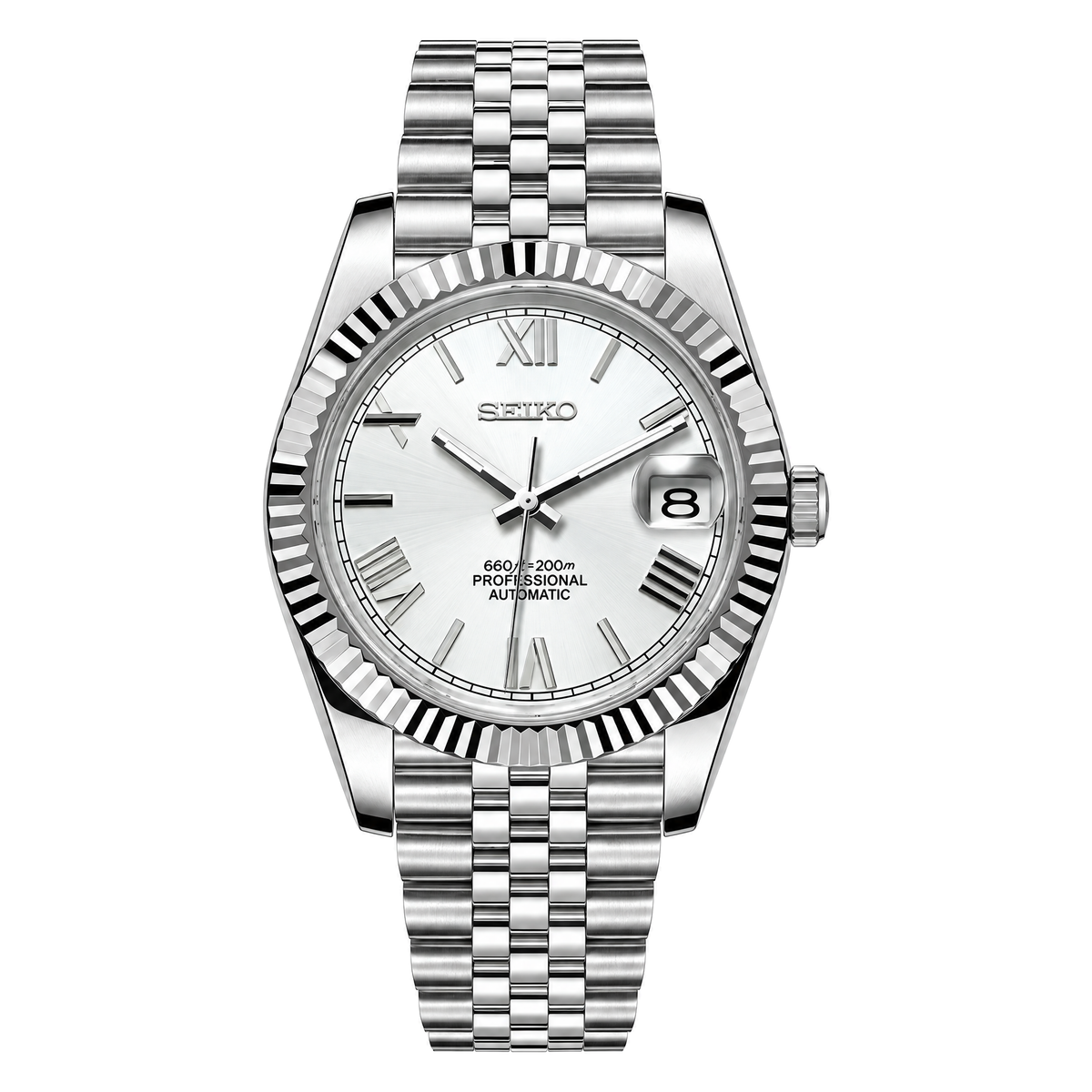 Datejust (White Roman) Seiko NH35 automatic mod watch. A silver dial watch with a fluted bezel and a metal link bracelet shown in a full product shot.