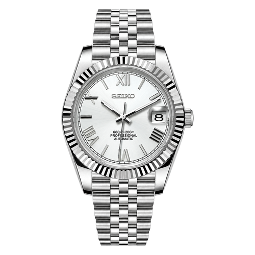 Datejust (White Roman) Seiko NH35 automatic mod watch. A silver dial watch with a fluted bezel and a metal link bracelet shown in a full product shot.