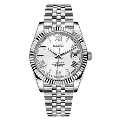 Datejust (White Roman) Seiko NH35 automatic mod watch. A silver dial watch with a fluted bezel and a metal link bracelet shown in a full product shot.