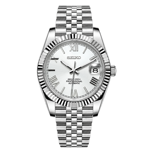 Datejust (White Roman) Seiko NH35 automatic mod watch. A silver dial watch with a fluted bezel and a metal link bracelet shown in a full product shot.