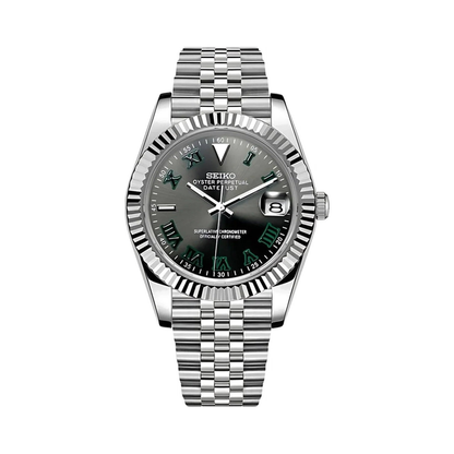 Datejust (Wimbledon Grey) Seiko NH35 automatic mod watch. A dark grey dial watch with a silver fluted bezel and a silver jubilee bracelet shown in a full product shot.