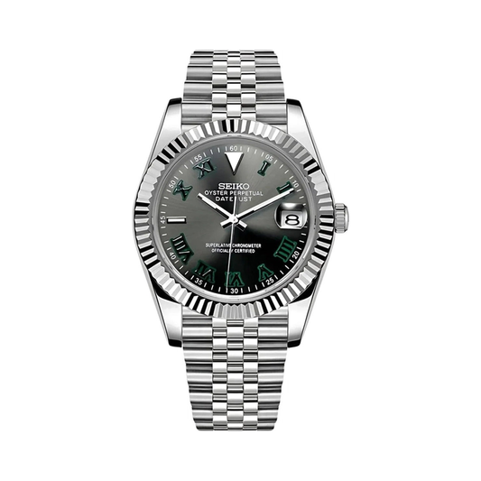 Datejust (Wimbledon Grey) Seiko NH35 automatic mod watch. A dark grey dial watch with a silver fluted bezel and a silver jubilee bracelet shown in a full product shot.