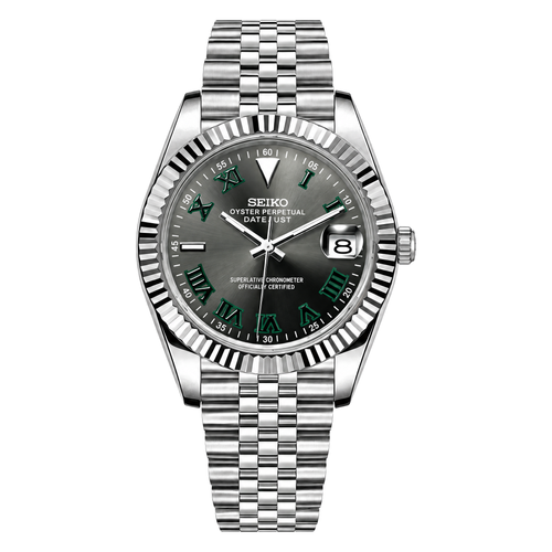 Datejust (Wimbledon Grey) Seiko NH35 automatic mod watch. A dark grey dial watch with a silver fluted bezel and a silver jubilee bracelet shown in a full product shot.