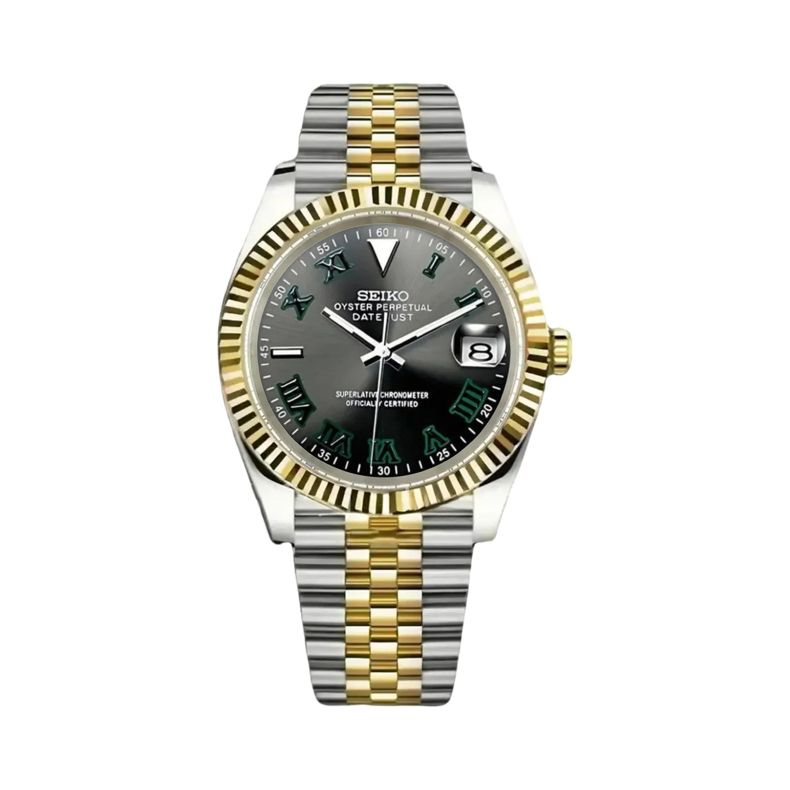 Datejust (Wimbledon Two-Tone) Seiko NH35 automatic mod watch. A dark grey dial watch with a gold fluted bezel and a two tone bracelet shown in a full product shot.