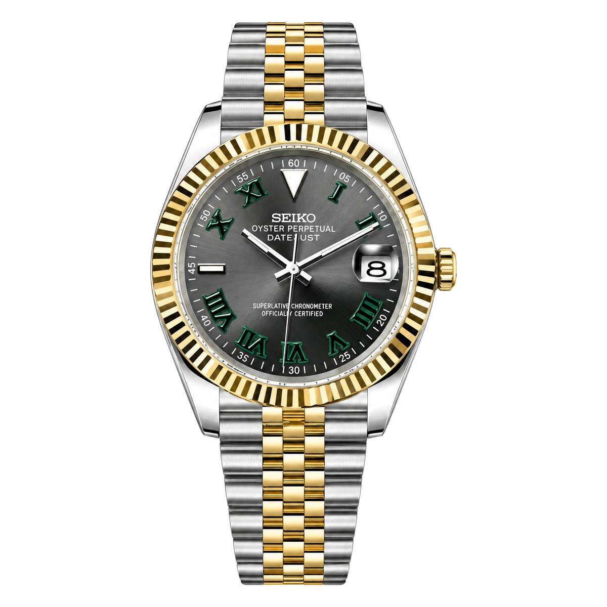 Datejust (Wimbledon Two-Tone) Seiko NH35 automatic mod watch. A dark grey dial watch with a gold fluted bezel and a two tone bracelet shown in a full product shot.