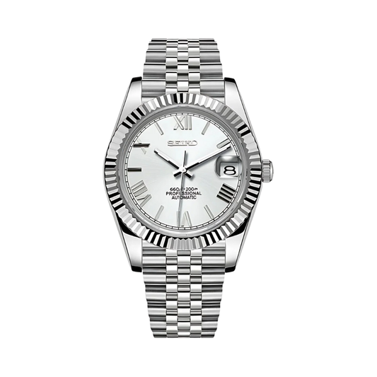 Datejust (White Roman) Seiko NH35 automatic mod watch. A silver dial watch with a fluted bezel and a metal link bracelet shown in a full product shot.