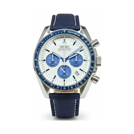 Speedmaster (Blue) Seiko VK63 meca-quartz chronograph mod watch. A full watch shot showing a white dial with blue sub dials and a blue bezel on a blue rubber strap.
