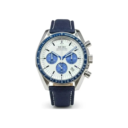 Speedmaster (Blue) Seiko VK63 meca-quartz chronograph mod watch. A full watch shot showing a white dial with blue sub dials and a blue bezel on a blue rubber strap.