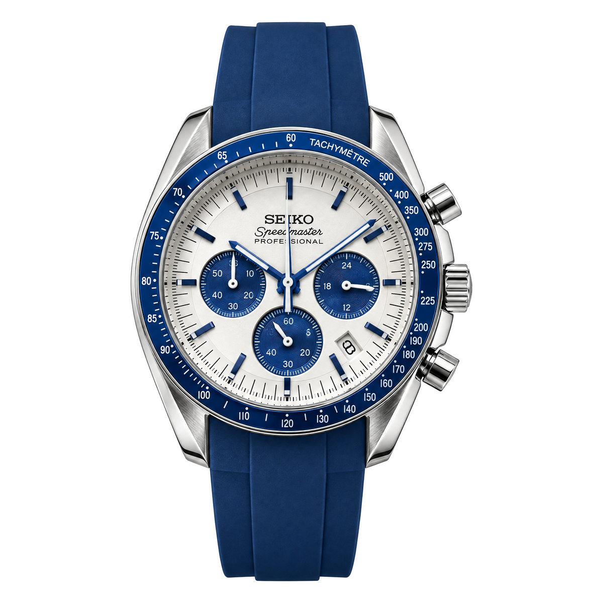 Speedmaster (Blue) Seiko VK63 meca-quartz chronograph mod watch. A full watch shot showing a white dial with blue sub dials and a blue bezel on a blue rubber strap.