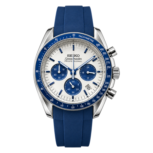 Speedmaster (Blue) Seiko VK63 meca-quartz chronograph mod watch. A full watch shot showing a white dial with blue sub dials and a blue bezel on a blue rubber strap.