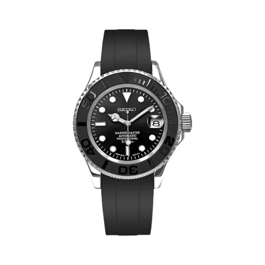 Yacht-Master (Grey) mod watch. A full watch with a black dial and bezel on a black rubber strap inside a watch box.