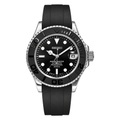 Yacht-Master (Grey) mod watch. A full watch with a black dial and bezel on a black rubber strap inside a watch box.