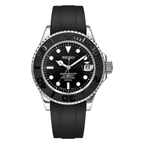 Yacht-Master (Grey) mod watch. A full watch with a black dial and bezel on a black rubber strap inside a watch box.