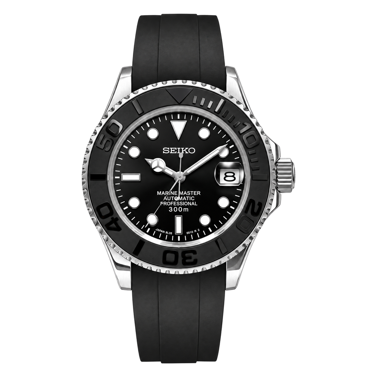 Yacht-Master (Grey) mod watch. A full watch with a black dial and bezel on a black rubber strap inside a watch box.