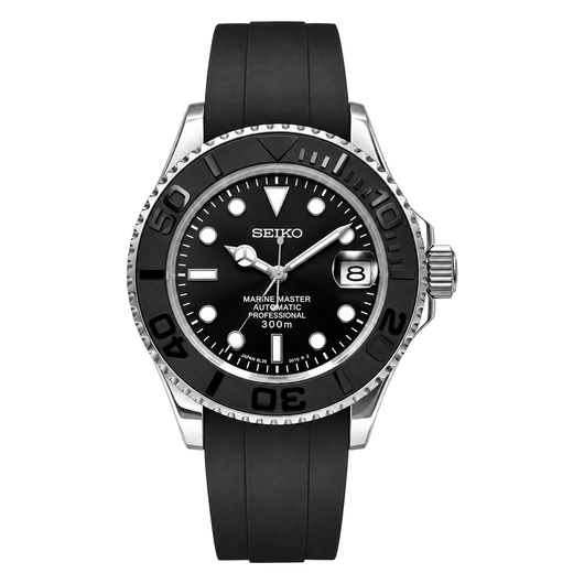 Yacht-Master (Grey) mod watch. A full watch with a black dial and bezel on a black rubber strap inside a watch box.