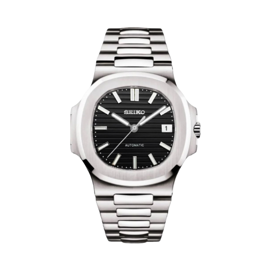 Nautilus (Silver Black) Seiko NH35 automatic mod watch. A black dial watch with a silver bezel and a silver metal bracelet shown in a full product shot.