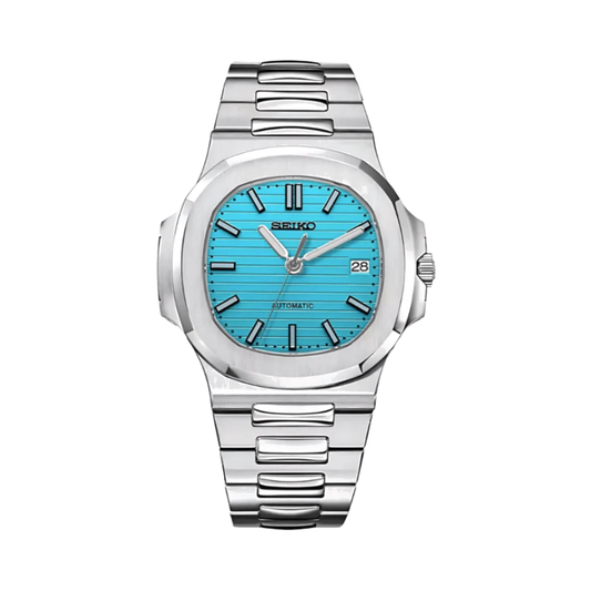 Nautilus (Tiffany Blue) Seiko NH35 automatic mod watch. A turquoise dial watch with a silver bezel and metal link bracelet shown in a full product shot.