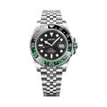 GMT (Sprite) Seiko NH34 GMT automatic mod watch. A black dial watch with a black bezel on a jubilee bracelet shown in a full watch shot.
