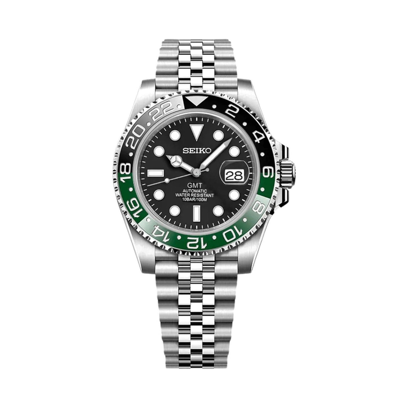 GMT (Sprite) Seiko NH34 GMT automatic mod watch. A black dial watch with a black bezel on a jubilee bracelet shown in a full watch shot.