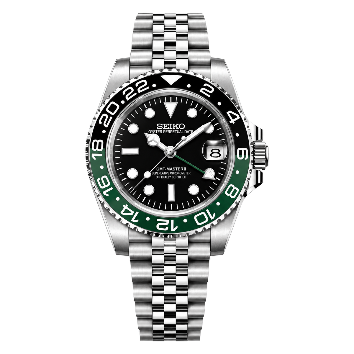 GMT Sprite. Black dial, green and black bezel, jubilee bracelet.