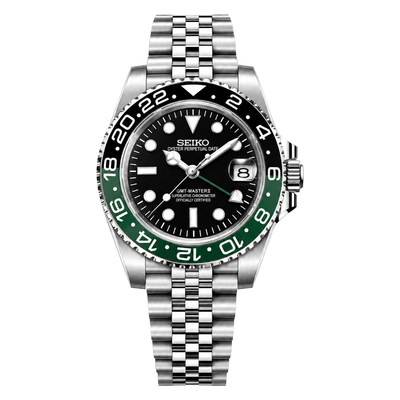 GMT Sprite. Black dial, green and black bezel, jubilee bracelet.