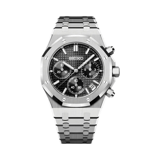 Royal Oak Chrono (Black) Seiko VK63 meca-quartz chronograph mod watch. A silver chronograph watch with a black textured dial shown in a full product shot.