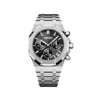 Royal Oak Chrono (Black) Seiko VK63 meca-quartz chronograph mod watch. A silver chronograph watch with a black textured dial shown in a full product shot.