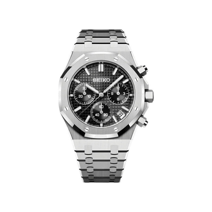 Royal Oak Chrono (Black) Seiko VK63 meca-quartz chronograph mod watch. A silver chronograph watch with a black textured dial shown in a full product shot.
