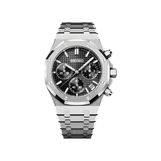 Royal Oak Chrono (Black) Seiko VK63 meca-quartz chronograph mod watch. A silver chronograph watch with a black textured dial shown in a full product shot.