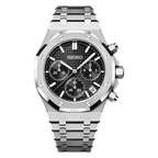 Royal Oak Chrono (Black) Seiko VK63 meca-quartz chronograph mod watch. A silver chronograph watch with a black textured dial shown in a full product shot.