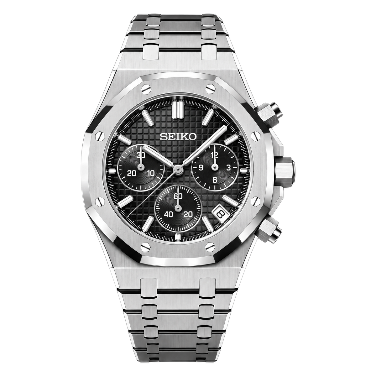 Royal Oak Chrono (Black) Seiko VK63 meca-quartz chronograph mod watch. A silver chronograph watch with a black textured dial shown in a full product shot.