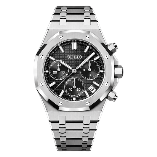 Royal Oak Chrono (Black) Seiko VK63 meca-quartz chronograph mod watch. A silver chronograph watch with a black textured dial shown in a full product shot.