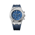Royal Oak (Chrono Blue) Seiko VK63 meca-quartz chronograph mod watch. A blue dial watch with a octagonal bezel and a rubber strap, shown in a full product shot.