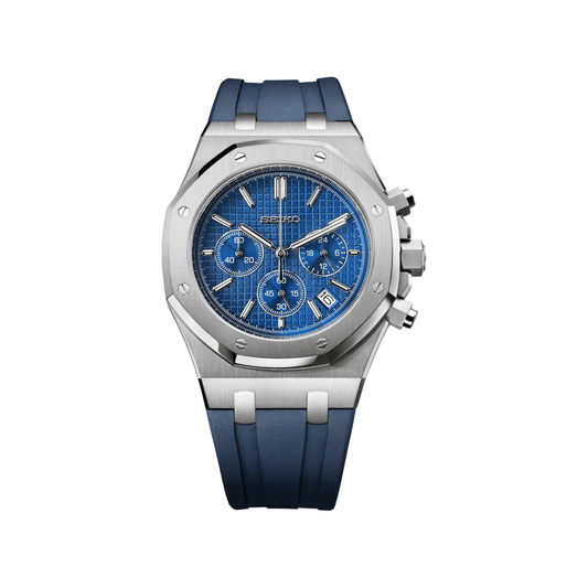 Royal Oak (Chrono Blue) Seiko VK63 meca-quartz chronograph mod watch. A blue dial watch with a octagonal bezel and a rubber strap, shown in a full product shot.