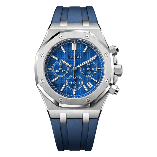 Royal Oak (Chrono Blue) Seiko VK63 meca-quartz chronograph mod watch. A blue dial watch with a octagonal bezel and a rubber strap, shown in a full product shot.