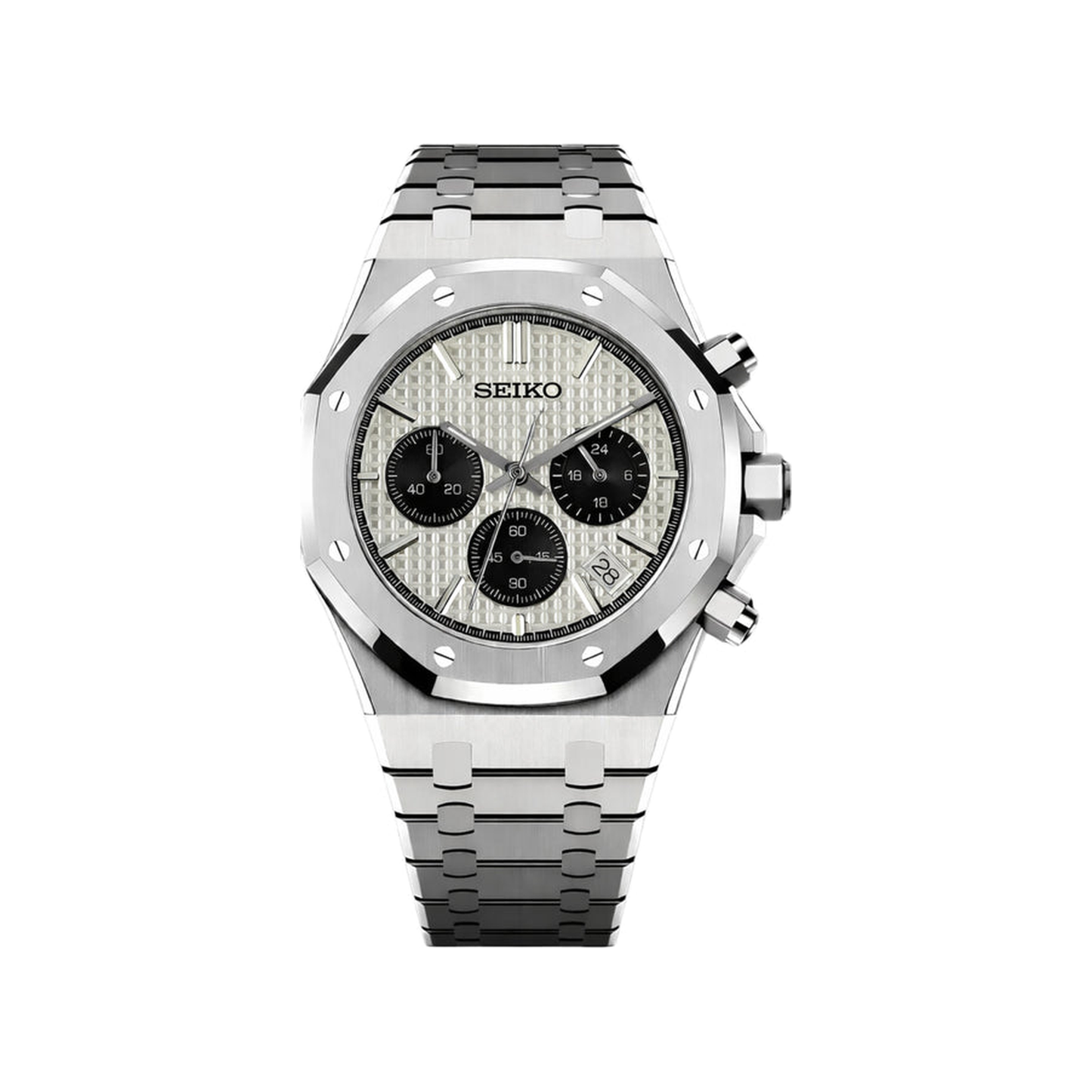 Royal Oak Chrono (Panda) Seiko VK63 meca-quartz chronograph mod watch. A white dial watch with black subdials shown in a full product shot.
