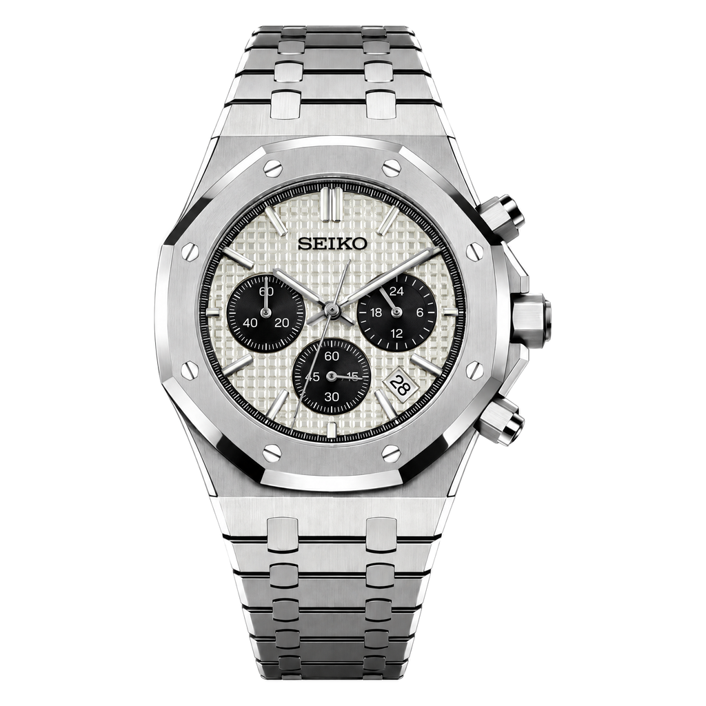 Royal Oak Chrono (Panda) Seiko VK63 meca-quartz chronograph mod watch. A white dial watch with black subdials shown in a full product shot.