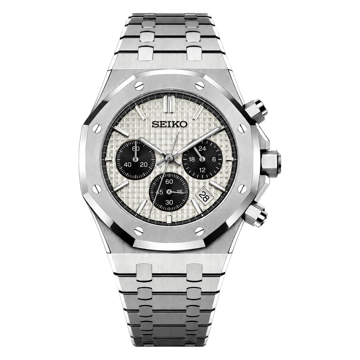 Royal Oak Chrono (Panda) Seiko VK63 meca-quartz chronograph mod watch. A white dial watch with black subdials shown in a full product shot.