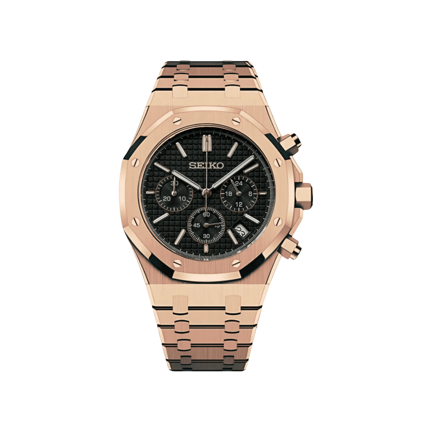 Royal Oak (Chrono Rose Gold) Seiko VK63 meca-quartz chronograph mod watch. A black dial watch with a octagonal bezel and a steel bracelet, shown in a full product shot.